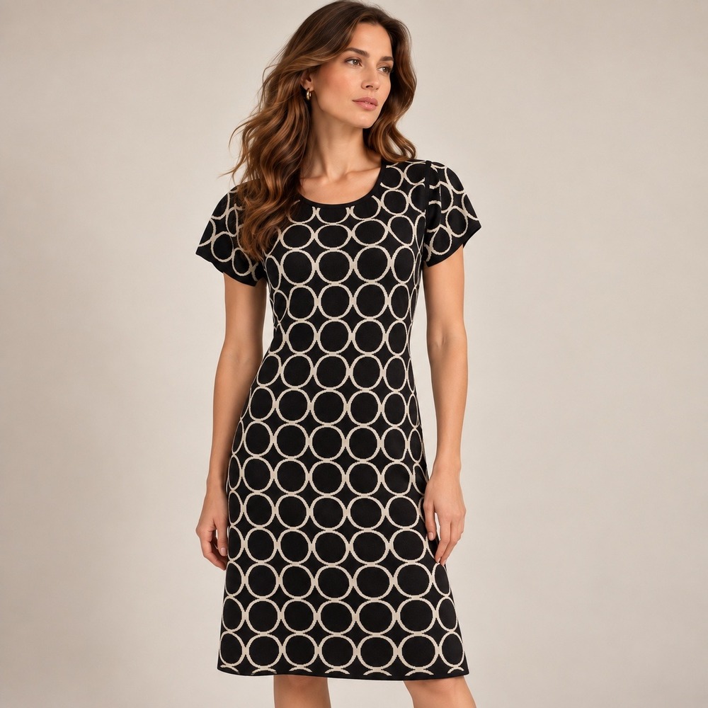 Max Mara Knit Dress L Black Cream Geometric Circle Wool Blend Italian Designer